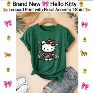 Hello Kitty Leopard, Print with Floral Accents, Green Women's T-shirt, Size L